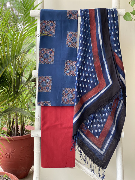 INDIGO BLOCK PRINT LINEN DUPATTA SUIT SET