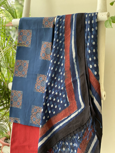 INDIGO BLOCK PRINT LINEN DUPATTA SUIT SET