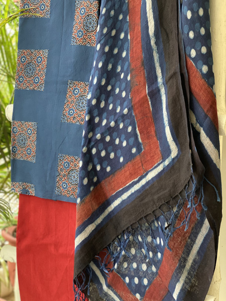 INDIGO BLOCK PRINT LINEN DUPATTA SUIT SET