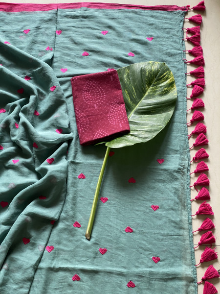 TEAL COTTON MULMUL EMBROIDERED SARI