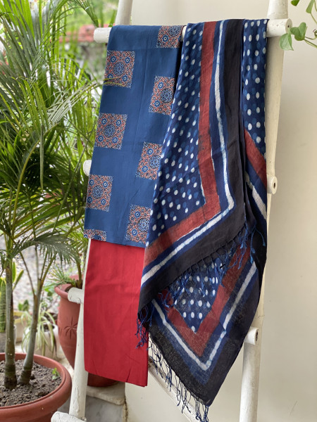 INDIGO BLOCK PRINT LINEN DUPATTA SUIT SET