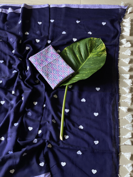 NAVY BLUE COTTON MULMUL EMBROIDERED SARI
