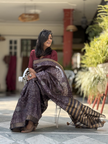 PURPLE HAND BLOCK PRINT TUSSAR SILK SARI