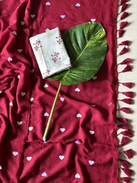 MAROON COTTON MULMUL EMBROIDERED SARI