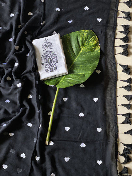 BLACK COTTON MULMUL EMBROIDERED SARI