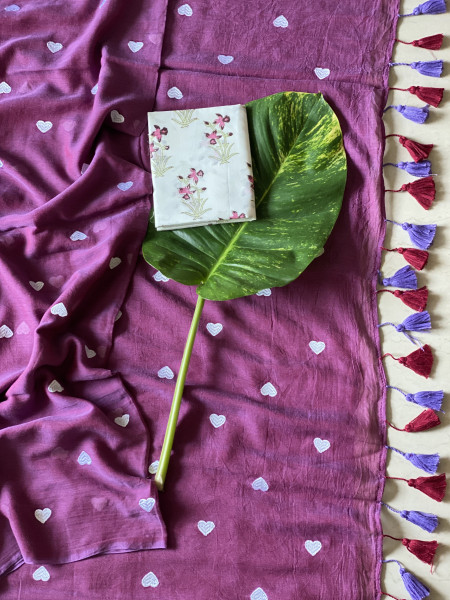 MAUVE COTTON MULMUL EMBROIDERED SARI