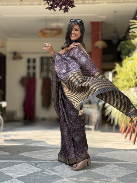 PURPLE HAND BLOCK PRINT TUSSAR SILK SARI