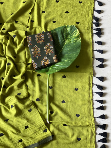 OLIVE GREEN COTTON MULMUL EMBROIDERED SARI
