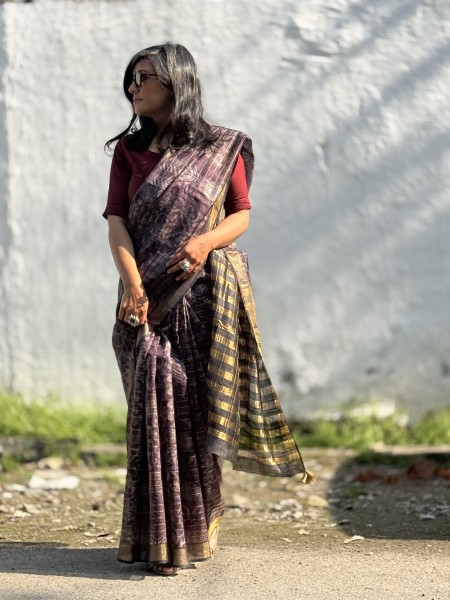 PURPLE HAND BLOCK PRINT TUSSAR SILK SARI