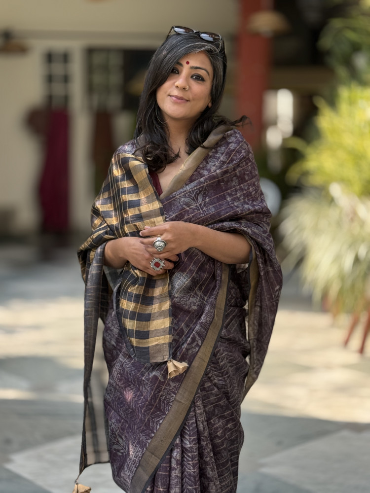 Image of PURPLE HAND BLOCK PRINT TUSSAR SILK SARI