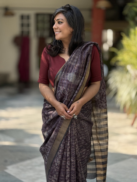 PURPLE HAND BLOCK PRINT TUSSAR SILK SARI