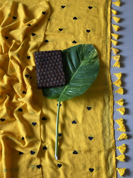 YELLOW COTTON MULMUL EMBROIDERED SARI
