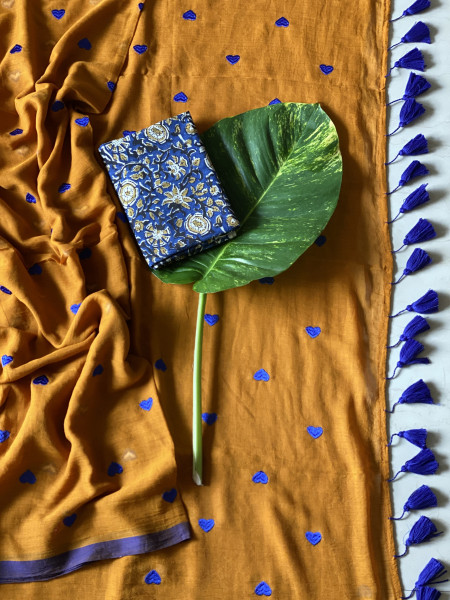 MUSTARD COTTON MULMUL EMBROIDERED SARI