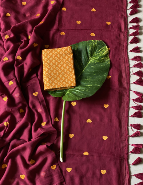 MAROON COTTON MULMUL EMBROIDERED SARI