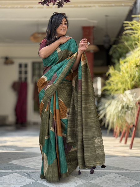 MULTI COLOUR GHICHA TUSSAR SILK PRINTED SARI