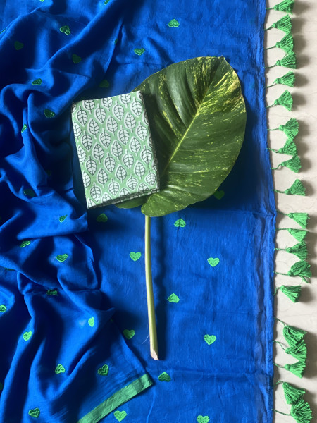 ROYAL BLUE COTTON MULMUL EMBROIDERED SARI