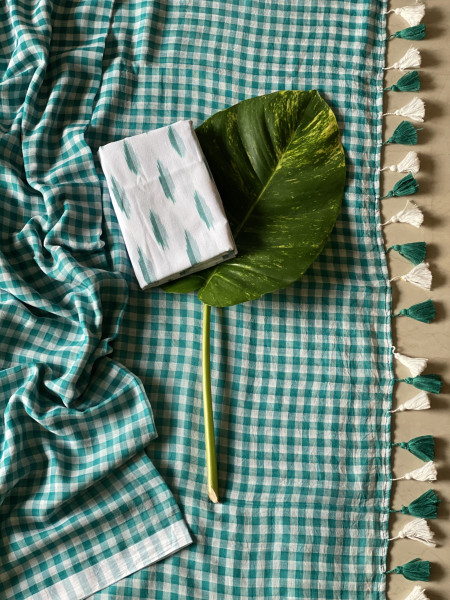 TURQUOISE GINGHAM CHECKS  MULMUL COTTON SARI