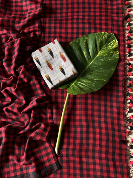 RED-BLACK GINGHAM CHECKS  MULMUL COTTON SARI