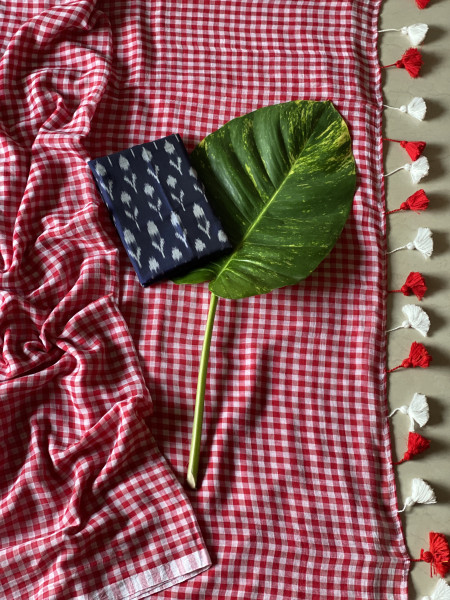 RED GINGHAM CHECKS  MULMUL COTTON SARI