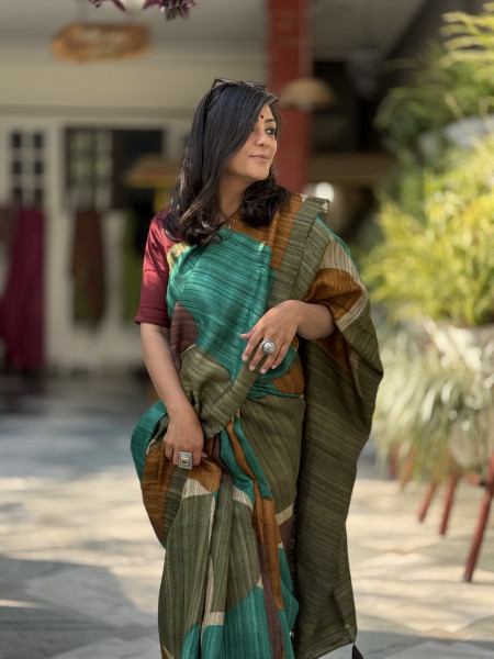 MULTI COLOUR GHICHA TUSSAR SILK PRINTED SARI