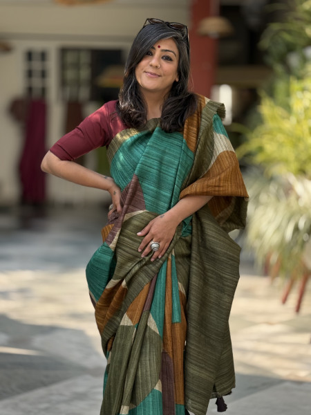 MULTI COLOUR GHICHA TUSSAR SILK PRINTED SARI