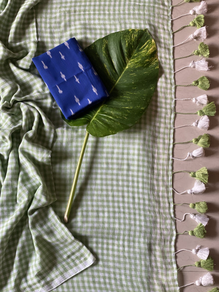 SEA GREEN GINGHAM CHECKS  MULMUL COTTON SARI