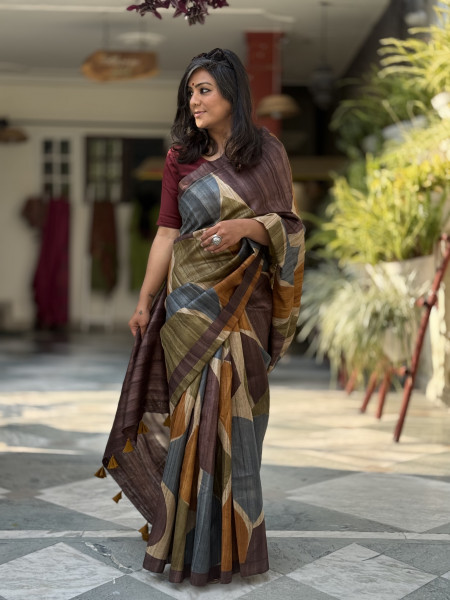 MULTI COLOUR GHICHA TUSSAR SILK PRINTED SARI