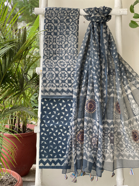 GREY HAND BLOCK PRINT KOTA  EMBROIDERED DUPATTA SET