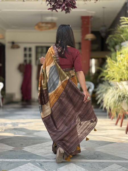 MULTI COLOUR GHICHA TUSSAR SILK PRINTED SARI