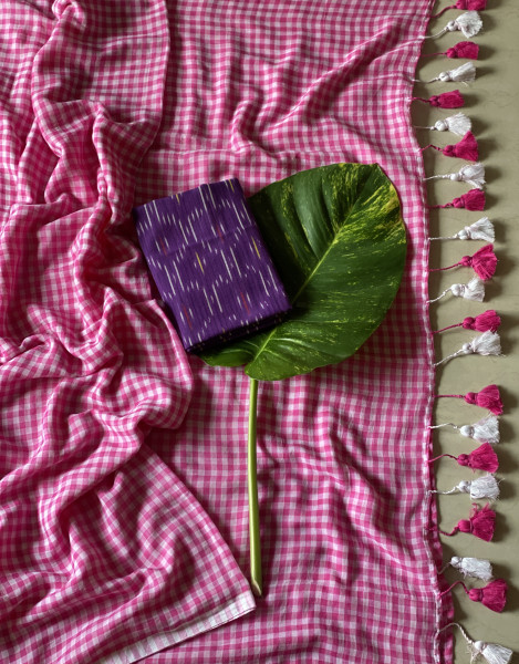 PINK GINGHAM CHECKS  MULMUL COTTON SARI