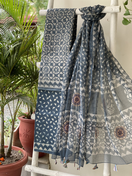 GREY HAND BLOCK PRINT KOTA  EMBROIDERED DUPATTA SET