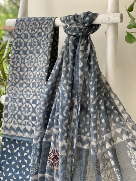 GREY HAND BLOCK PRINT KOTA  EMBROIDERED DUPATTA SET