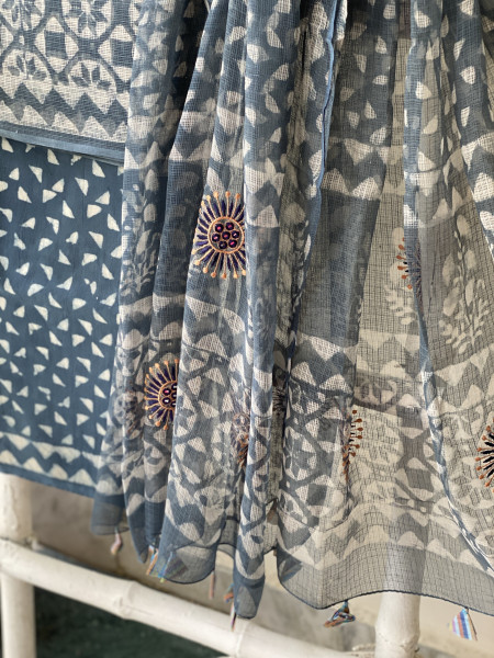 GREY HAND BLOCK PRINT KOTA  EMBROIDERED DUPATTA SET
