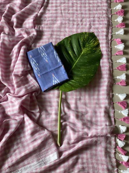 POWDER PINK GINGHAM CHECKS  MULMUL COTTON SARI