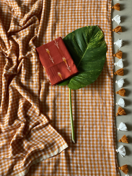 YELLOW GINGHAM CHECKS  MULMUL COTTON SARI