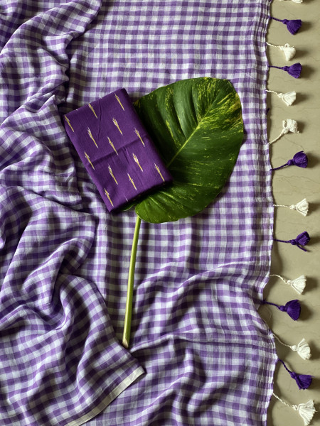 PURPLE GINGHAM CHECKS  MULMUL COTTON SARI