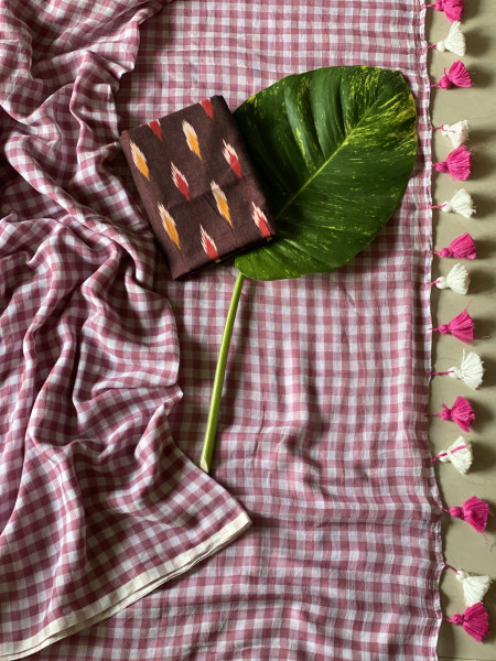 SALMON GINGHAM CHECKS  MULMUL COTTON SARI