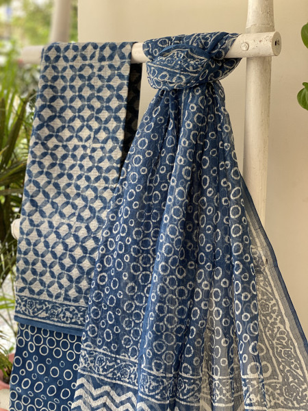 INDIGO HAND BLOCK PRINT KOTA  EMBROIDERED DUPATTA SET
