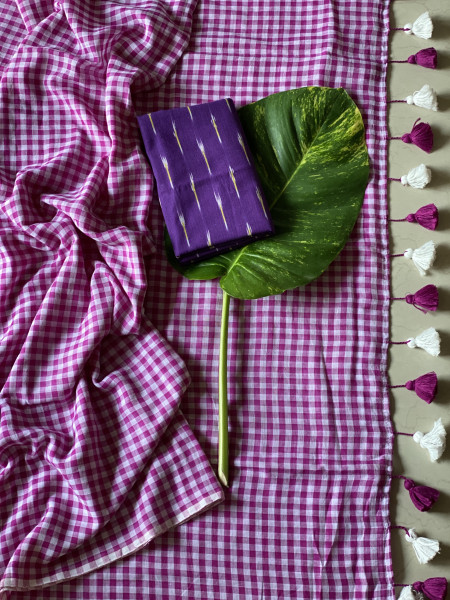 WINE GINGHAM CHECKS  MULMUL COTTON SARI