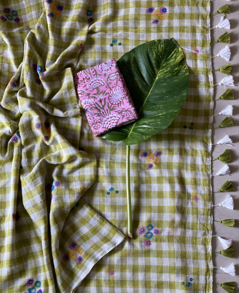 LIME GREEN GINGHAM CHECKS WITH HAND PAINTING MULMUL COTTON SARI