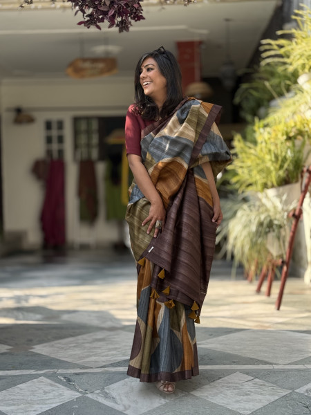 MULTI COLOUR GHICHA TUSSAR SILK PRINTED SARI
