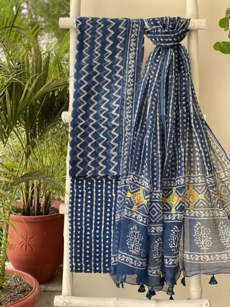 INDIGO HAND BLOCK PRINT KOTA  EMBROIDERED DUPATTA SET