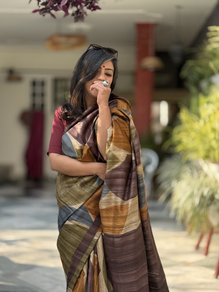 MULTI COLOUR GHICHA TUSSAR SILK PRINTED SARI