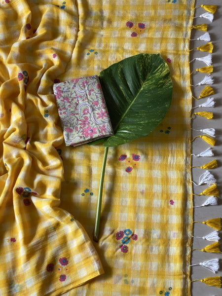 YELLOW GINGHAM CHECKS WITH HAND PAINTING MULMUL COTTON SARI