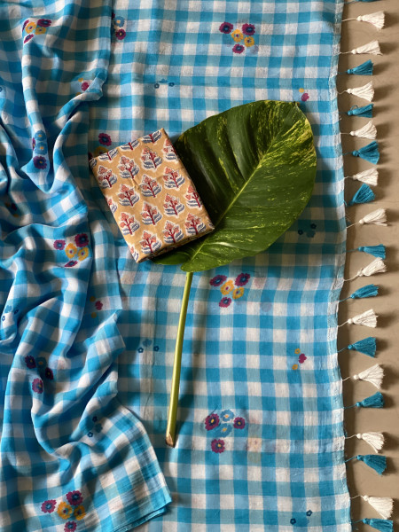 BLUE GINGHAM CHECKS WITH HAND PAINTING MULMUL COTTON SARI