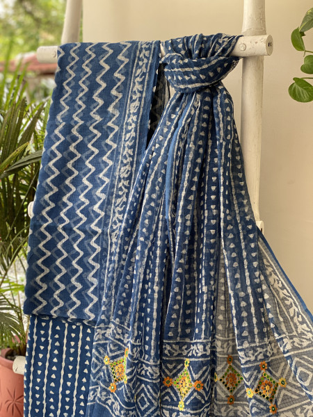 INDIGO HAND BLOCK PRINT KOTA  EMBROIDERED DUPATTA SET