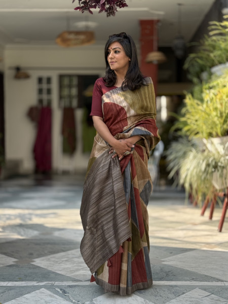 MULTI COLOUR GHICHA TUSSAR SILK PRINTED SARI
