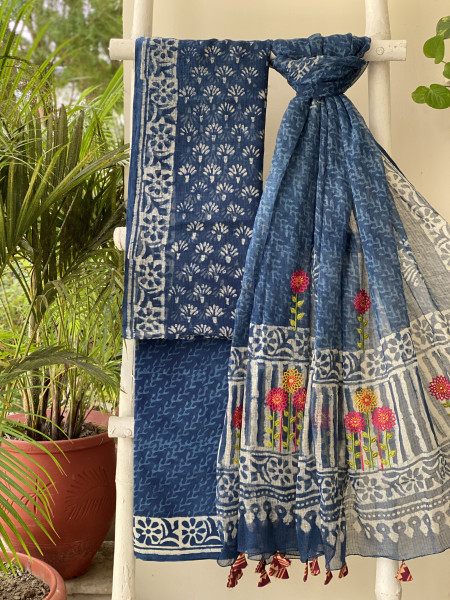 INDIGO HAND BLOCK PRINT KOTA  EMBROIDERED DUPATTA SET