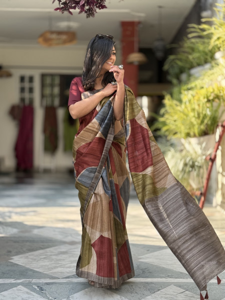 MULTI COLOUR GHICHA TUSSAR SILK PRINTED SARI