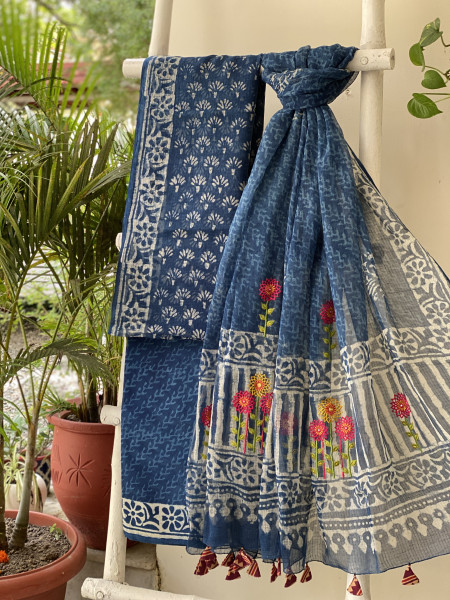 INDIGO HAND BLOCK PRINT KOTA  EMBROIDERED DUPATTA SET
